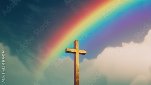 Golden Christian Jesus Cross Beautiful Rainbow Background Generative AI