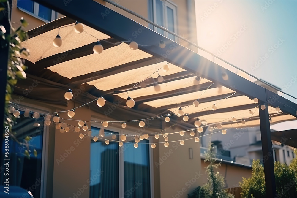 Obraz premium Canvas awning with metal frame and luminous garland of light bulbs against blue sunny sky. modern shading for house, created with Generative AI