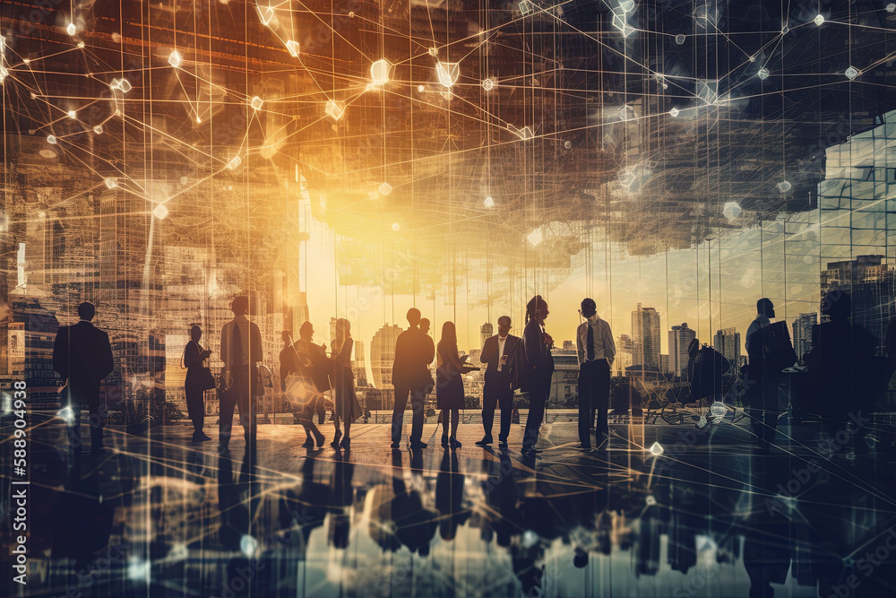 Silhouettes of business people standing on the roof among skyscrapers with an abstract data global network at sunset, created with Generative AI Silhouettes of business people standing on the roof among skyscrapers with an abstract data global network at sunset, created with Generative AI