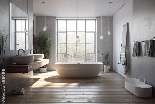 Interior of a white loft bathroom with a hardwood floor, white tub, shower, and two sinks with mirrors above them. Generative AI