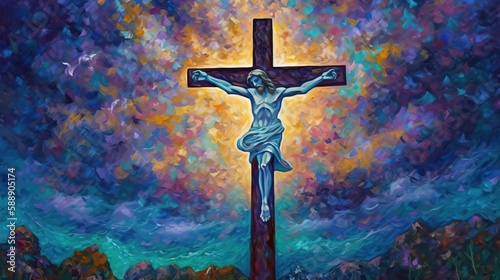 Christian Jesus Cross Colorful Abstract Background Oil Painting Generative AI
