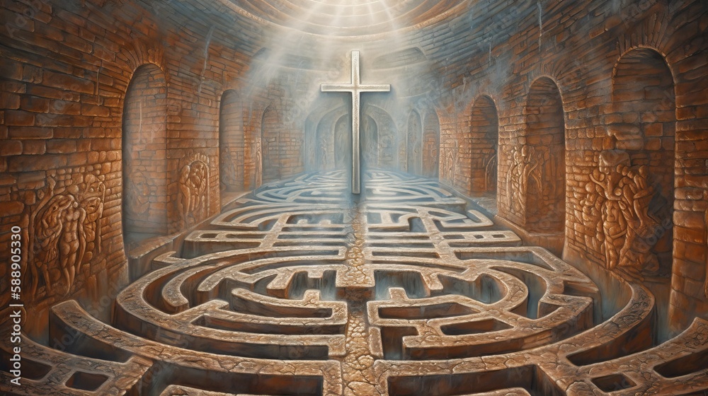 Christian Jesus Cross Stone Maze Labyrinth Oil Painting Mysterious Generative AI