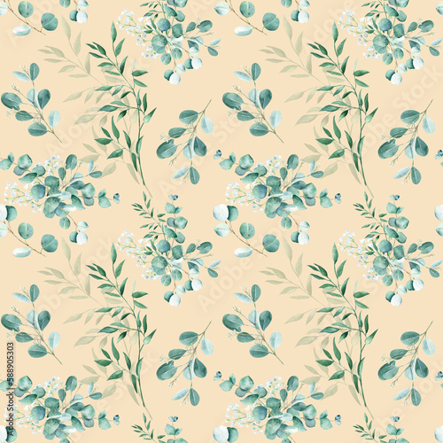 Seamless greenery watercolor pattern with eucalyptus  gypsophila and pistachio branches on beige background. Can be used for gift wrapping paper  kitchen textile and fabric prints.