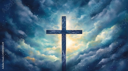 Christian Jesus Cross Heaven Moon Night Oil Painting Ethereal Generative AI