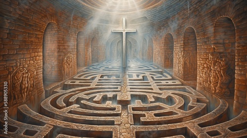 Christian Jesus Cross Stone Maze Labyrinth Oil Painting Mysterious Generative AI