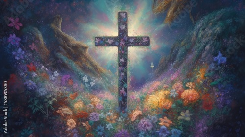 Christian Jesus Cross Abstract Cosmic Garden Oil Painting Spiritual Generative AI