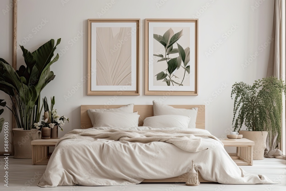 There are two empty picture frames in the bedroom. Large bed, pillows, and potted plants are present inside. Generative AI - obrazy, fototapety, plakaty 