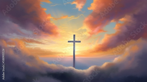 Christian Jesus Cross Heaven Beautiful Sunset Oil Painting Divine Generative AI