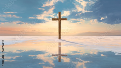Christian Jesus Cross Vast Mirror Empty Valley Oil Painting Serene Generative AI