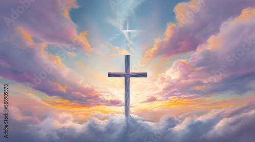 Christian Jesus Cross Sunset Beautiful Sky Oil Painting Inspiring Generative AI