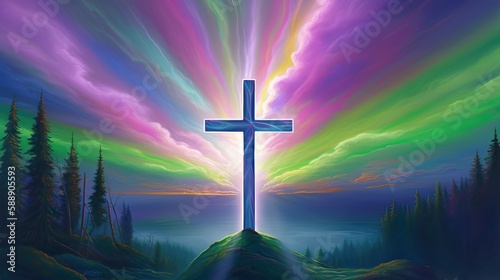 Christian Jesus Cross Colorful Abstract Night Background Oil Painting Generative AI © Aruni