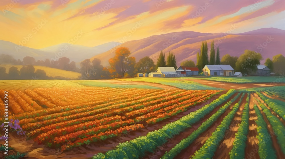 Stunning Farming Farmland Sunset Oil Painting Countryside Panorama Generative AI