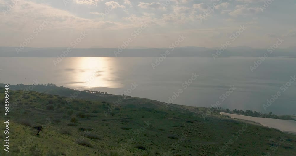Panoramic aerial view of a lake in sunset, Sea of Galilee, Israel. Panoramic aerial view of a lake in sunset, Sea of Galilee, Israel.