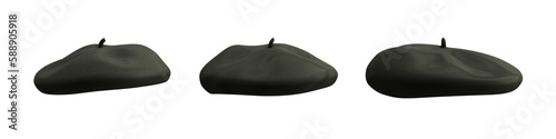 Black beret hat from different angles isolated on transparent background. 3D rendering photo