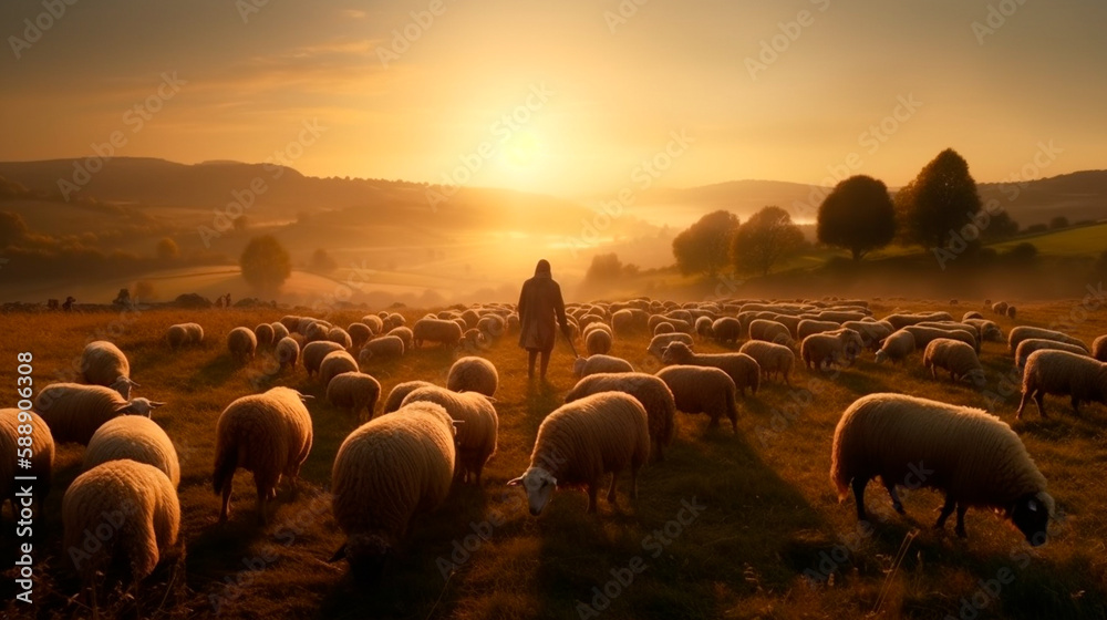 Shepherd Jesus Christ taking care of the lamb and a flock of sheep on