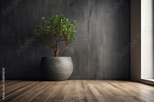 Interior of an empty room with a mock up wall made of concrete or black stucco. hardwood flooring a grass filled decorative vase. Home design mock up. Generative AI