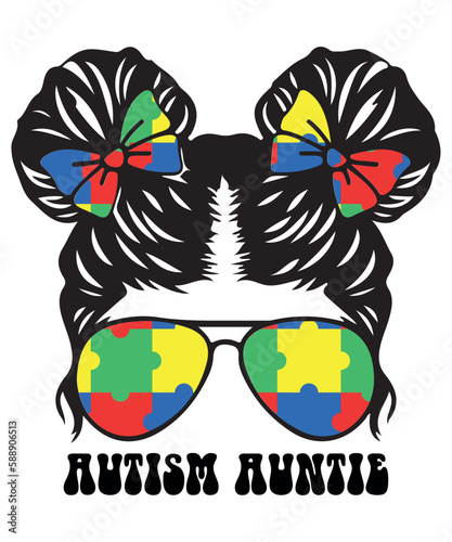 autism auntie, messy bun, autism awareness, aunt t-shirt print template, autism puzzle, vector, illustration, art