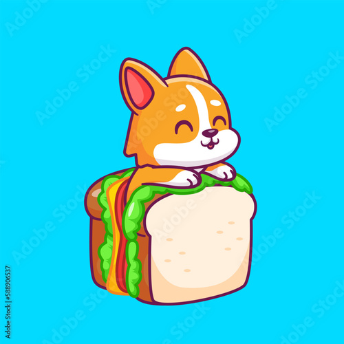 Cute Corgi Dog In Sandwich Cartoon Vector Icon Illustration. Animal Food Icon Concept Isolated Premium Vector. Flat Cartoon Style
