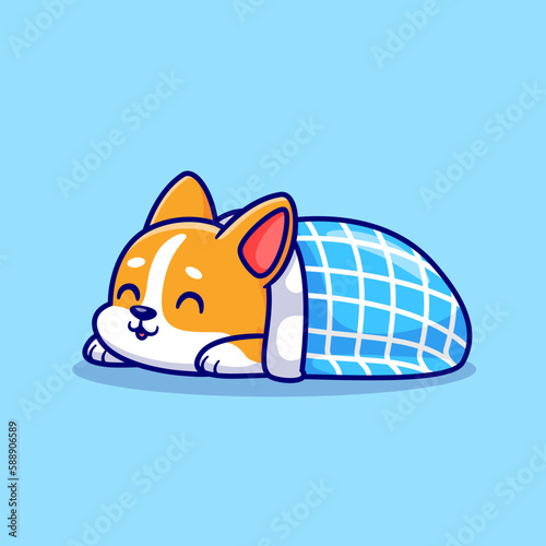 Cute Corgi Dog Sleeping With Blanket Cartoon Vector Icon Illustration. Animal Nature Icon Concept Isolated Premium Vector. Flat Cartoon Style
