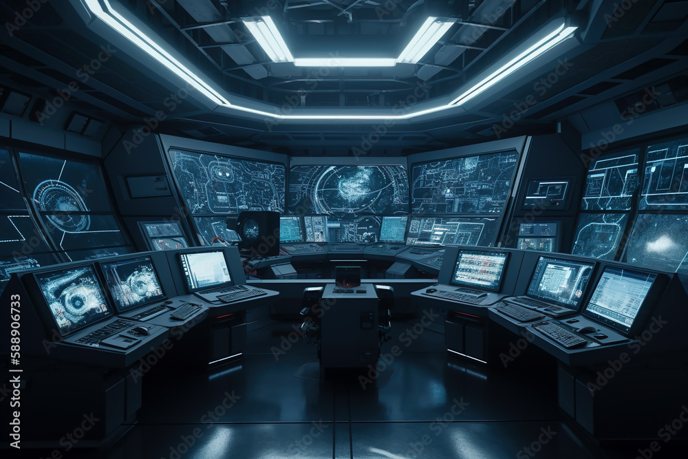 ภาพประกอบสต็อก Control room with screens and computers, interior of ...