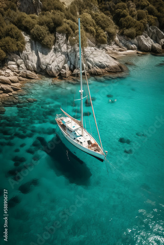 Aerial view of a luxury sailing boat in clear tropical blue water. Generative ai
