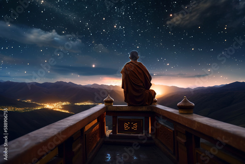 Buddhist monk sits on temple roof and looks at starry sky at night, generative AI