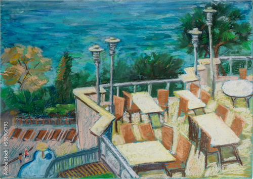 drawn with pastel pencils illustration of a hotel with tables, pool and sea view. Rest