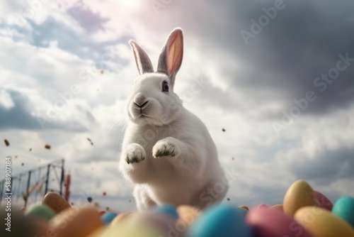 Huge white easter bunny and colored eggs outdoors made with generative AI