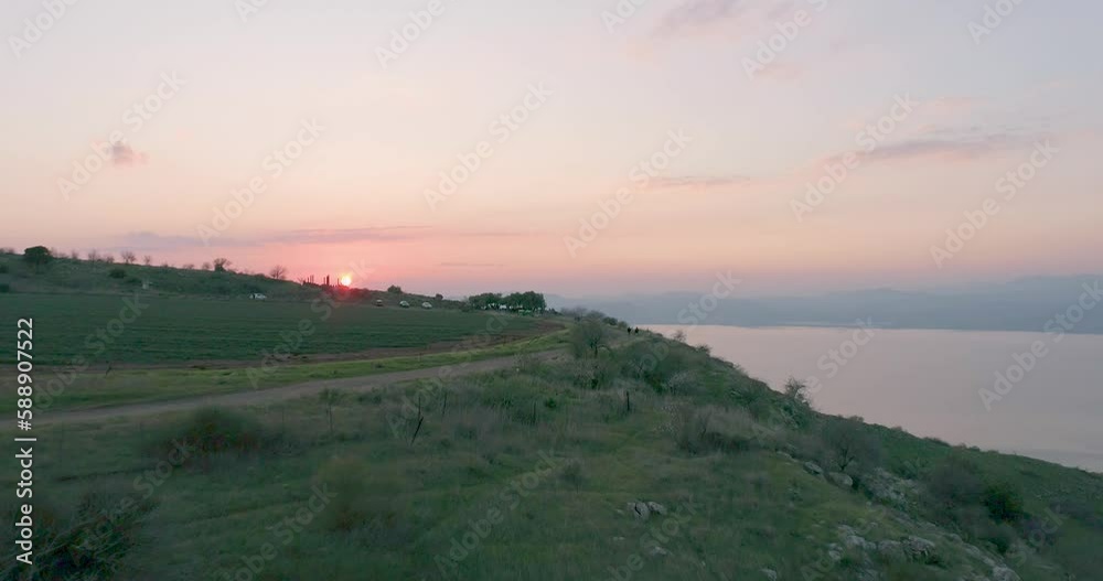 Panoramic aerial view of a lake in sunset, Sea of Galilee, Israel. Panoramic aerial view of a lake in sunset, Sea of Galilee, Israel.