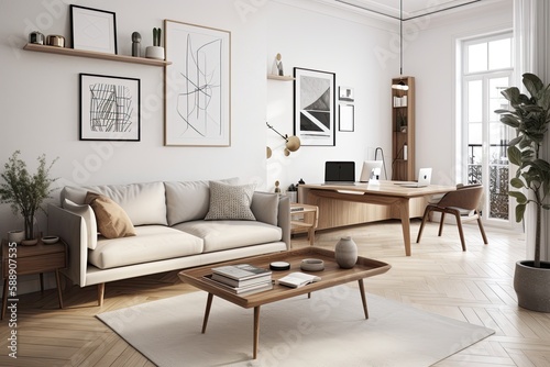 Nice Scandinavian living area with comfy couch  coffee table  laptop mockup in minimum working space  minimal wood furniture and home d  cor. Generative AI