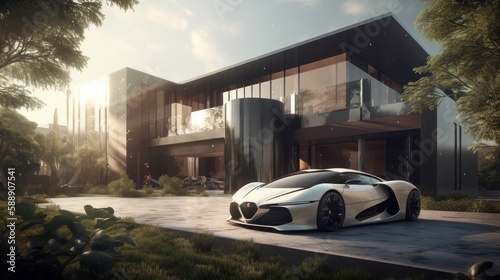 Ultimate Luxury Living: A Majestic House paired with Sleek and Stylish Supercars for the Perfect Outdoor Experience, Generative AI © Georgy