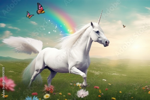 white unicorn on the meadow  Generative AI