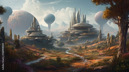A space colony on a distant planet with a lush landscape Generative AI