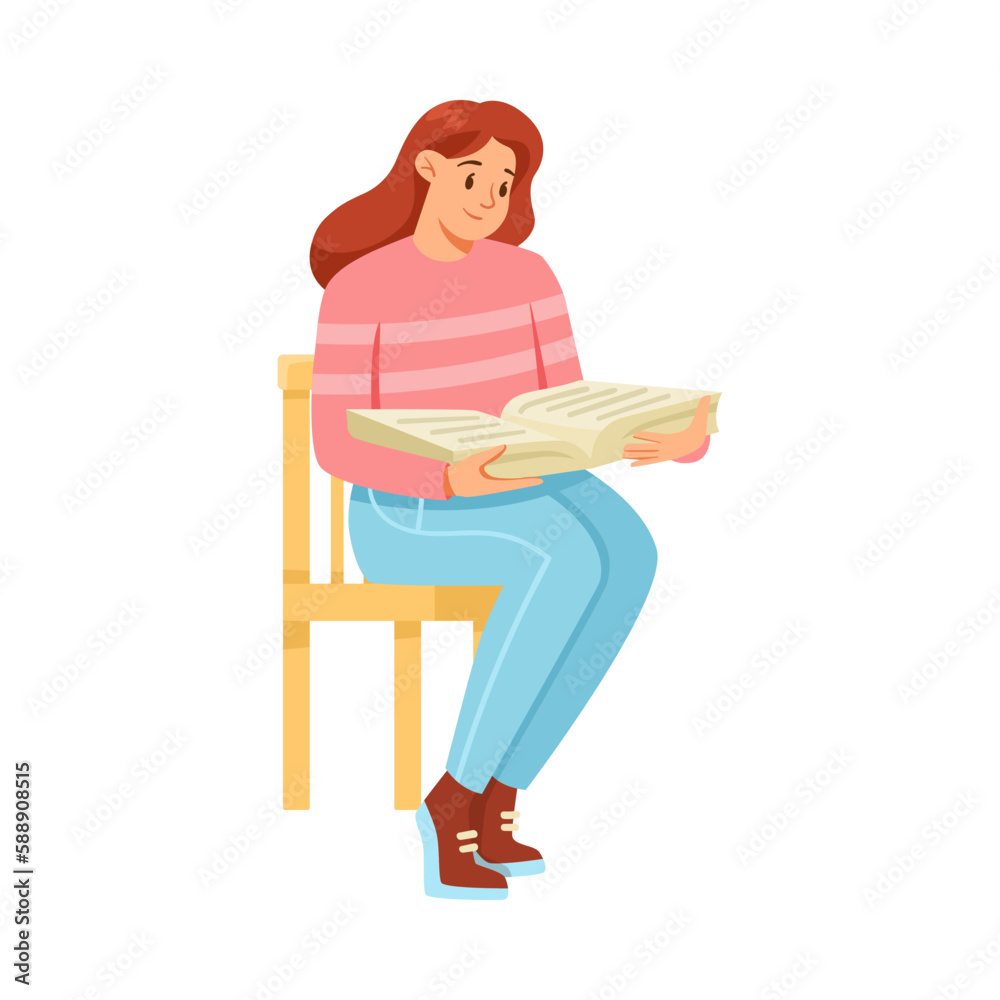 Woman Sitting on Chair Reading Book in Kindergarten Vector Illustration