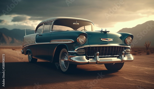 A classic old car driving down a desert road. Based on Generative Ai. photo