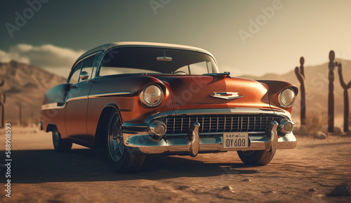 A classic old car driving down a desert road. Based on Generative Ai. © Dind's_Project