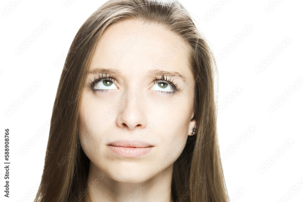 close up studio face portrait of a beautiful brunette girl with serious wondering face expression looking up.. close up studio face portrait of a beautiful brunette girl with serious wondering face expression looking up..