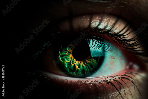 A beautiful, realistic close-up of a human eye, captured at extreme zoom, showing the eye's color and texture nuances, Generative ai