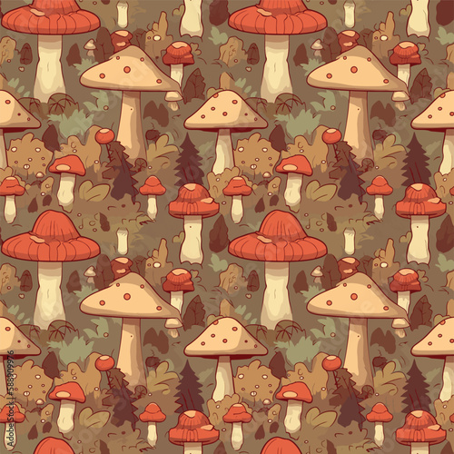 Cartoon style seamless repeatable mushroom fungi background vector illustration.