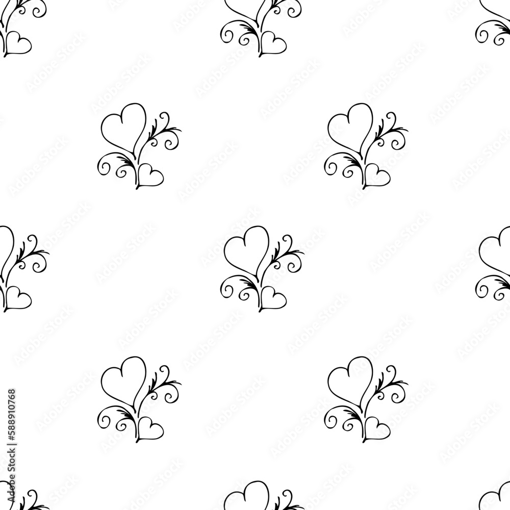 Seamless pattern Couple of black outline hearts. Hand drawn doodle texture for textile, wrapping paper on the Valentine day or wedding