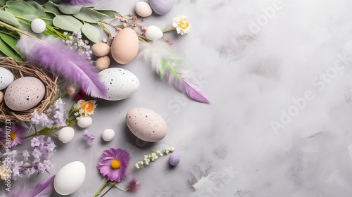 Banner. Easter background with spring flowers, eggs, feathers, gift boxes on light grey background top view flat lay copy space. Generative AI
