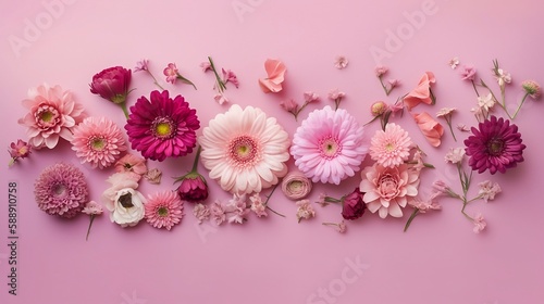 Assorted pink flower border on pink background, flat lay. Generative AI
