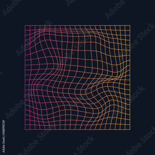 Distorted and warped neon laser grid on dark background. Retrowave, synthwave, rave, vaporwave.Trendy retro 1980s, 90s style