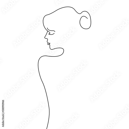 Woman pastel art one line drawing. Female hair bun. Black and white. White background. Line drawing.