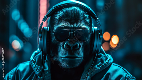 Gorilla mit Kopfhörer und Sonnenbrille in der Stadt im 16:9 Format in blue Colour Look. Generative Ai. photo