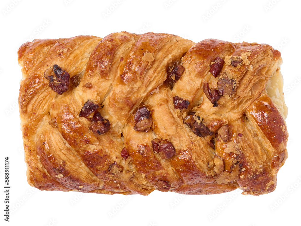 Rectangular pastry made from puff pastry with maple syrup and pecan nuts on a white background Rectangular pastry made from puff pastry with maple syrup and pecan nuts on a white background