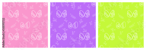 Easter seamless pattern with eggs and flowers. Each pattern is isolated. Cute seamless print for Easter card, wrapping paper, background, etc. Vector set.