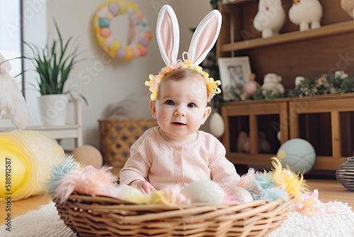 Cute toddler in an Easter decorated setting created with generative AI technology