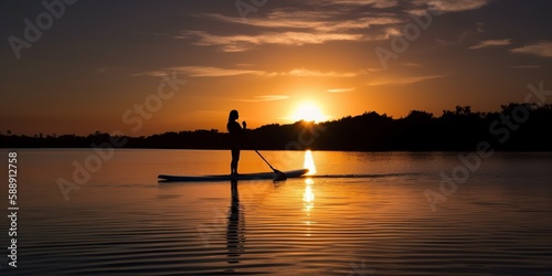 person practicing yoga on paddleboard at sunset surrounded by tranquil and pristine aquatic environment, concept of Mindfulness and Serenity, created with Generative AI technology