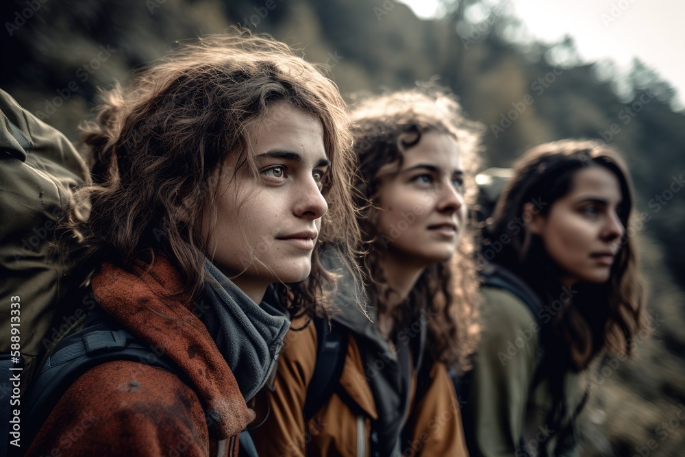 Fototapeta premium Young female group of friends hiking in the mountains. focus on foreground. Generative AI